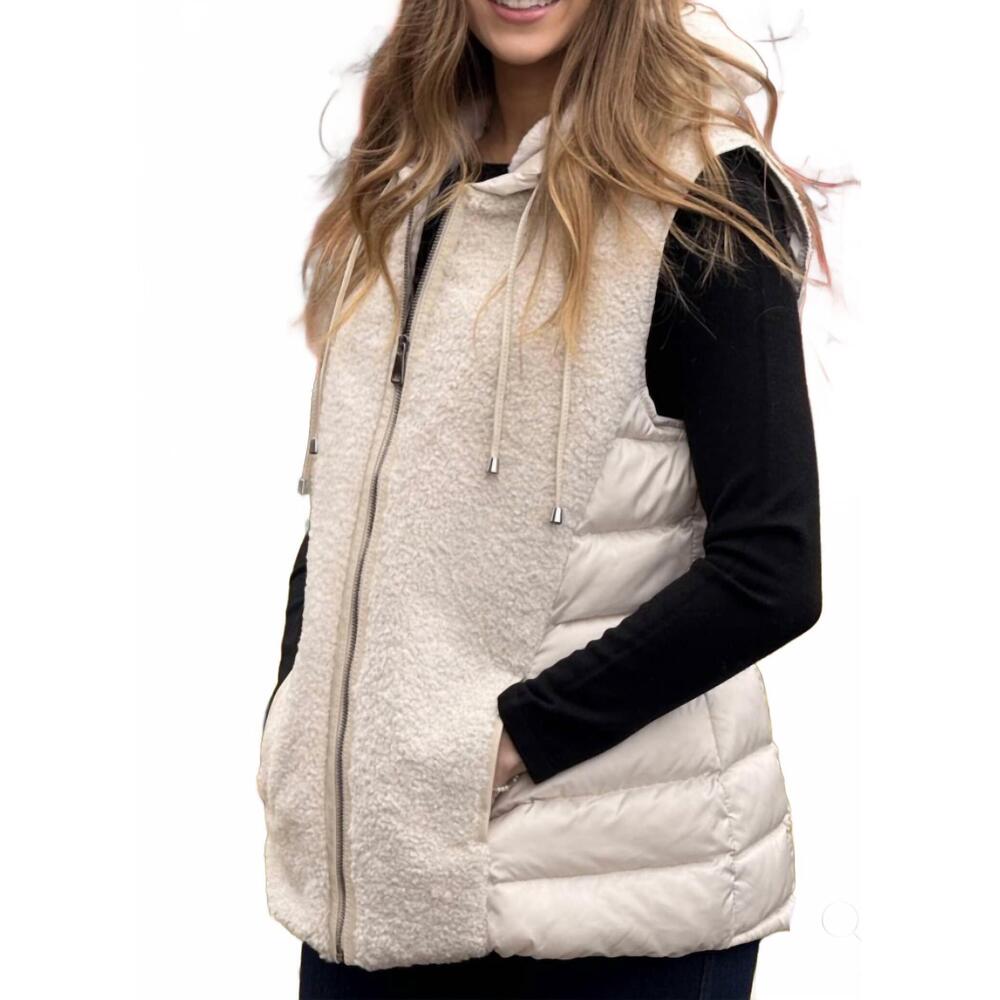 NEW MITCHIE'S MATCHINGS shearling puffer vest with fox collar in cream
